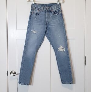 Levi's 501 Big E Premium  Vintage Button Fly  Distressed  Blue Jeans  Sz 25 X 28